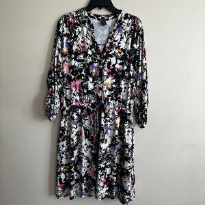 Floral Black Midi Dress 2X | Stretch Waist Tie Long Sleeve Plus Size